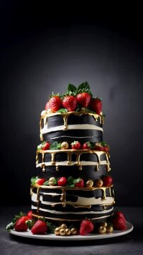 A stunning decadent huge black and gold cake adorned with fresh strawberries and golden glaze, perfect dessert for festive occasions.