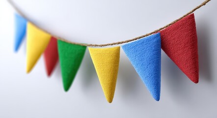 Colorful flag bunting decorates a white wall. Celebratory, decoration, festive, celebration, party supplies