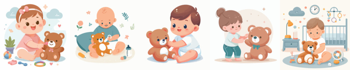 Vector of a baby playing with a bear doll