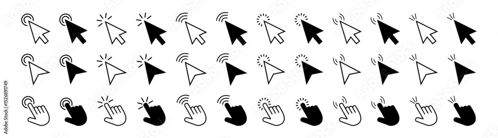 Poster pointer cursor сomputer mouse icon.cursors icons click set. clicking cursor, pointing hand clicks ic