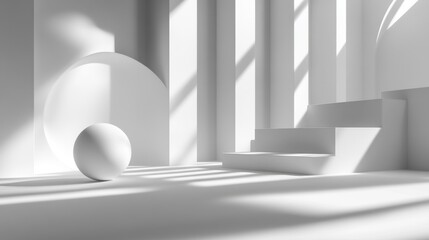 White minimalist architectural space with sphere and stairs illuminated by sunlight