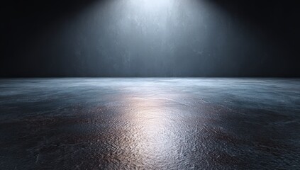 Empty room is illuminated by a spotlight. Interior space, stage, background, studio, industrial, concrete floor, dark, bright