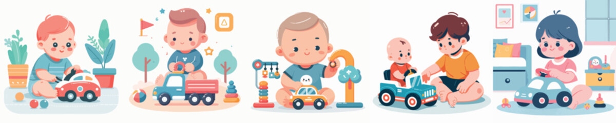 Vector of a baby playing with a car toys
