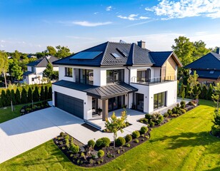 High-resolution drone photo showing a modern house in a suburban neighborhood with garden and driveway. Perfect for real estate listings, property development, neighborhood planning, and drone mapping