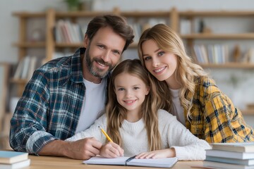 Fototapeta premium Happy caucasian family studying together: father, mother, daughter smiling