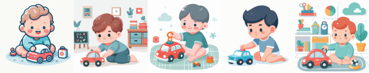 Vector of a baby playing with a car toys