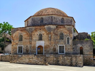 Exterior view of the Emir Zade Mosque, a historic Ottoman-era building located in the town of Chalcis on the island of Euboea, Greece. 