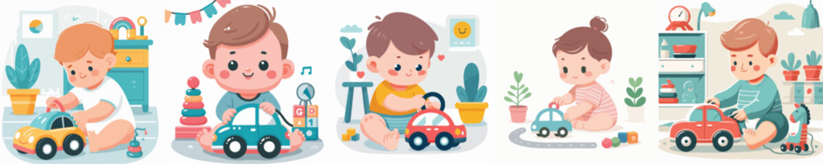 Vector of a baby playing with a car toys