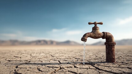 Water drips from rusty tap in dry cracked desert. Drought conditions, water scarcity, climate change, environmental crisis.