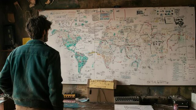A person thoughtfully observes a detailed map in a cozy workspace, surrounded by vintage decor and tools. The scene captures a moment of reflection and planning.