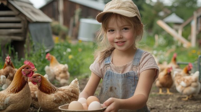 Young farmer girl collecting fresh eggs from chickens in coop - Powered by Adobe