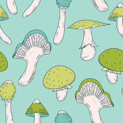 Green Mushroom Seamless Pattern – Hand-Drawn Fungi on Aqua Background