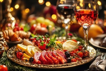 Gourmet food plate with fine wines in an elegant dining setting during a festive evening, Luxury food plate Gourmet food