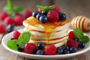 Delicious pancakes topped with fresh berries and honey syrup
