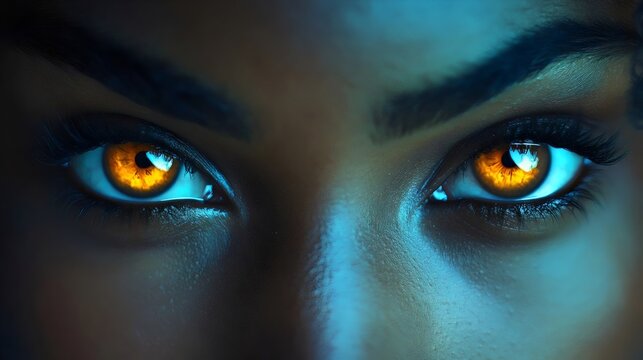 Intense amber eyes with a captivating glow, drawing the viewer in with depth.