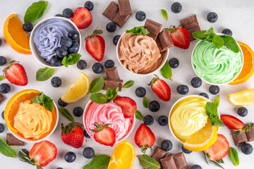 Frozen yogurt assortment. Soft creamy ice cream cups