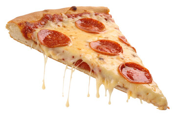 Pepperoni pizza slice with melted cheese isolated on transparent background