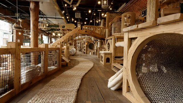 Elaborate Indoor Cat Playground Structure with Tunnels, Bridges, and Scratching Posts in a Pet-Friendly Cafe, Wooden Design.