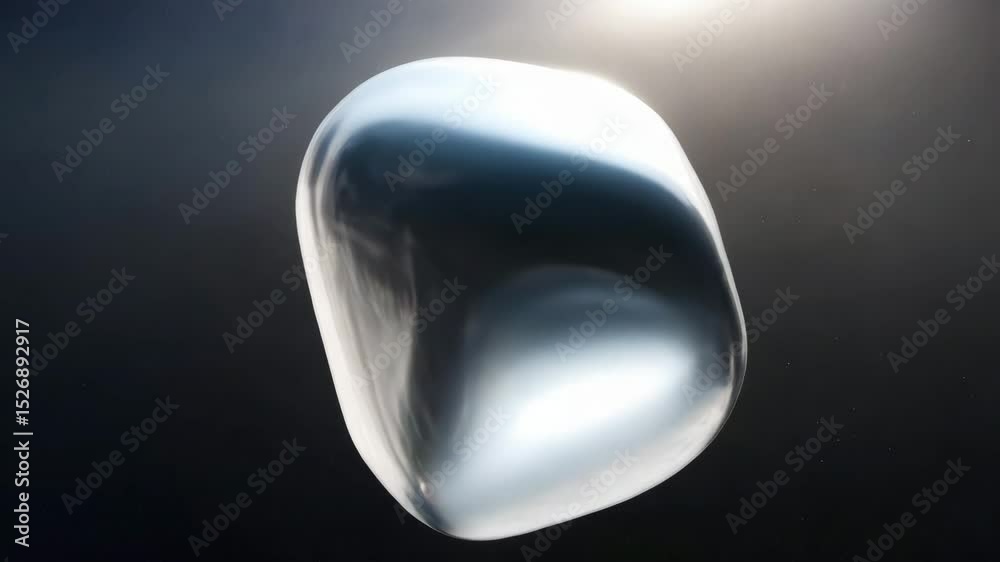 Poster A floating abstract figure, reminiscent of an egg-shaped soap bubble with its smooth surface and reflection of light, against a background of pitch darkness. Liquid metal, mercury in zero gravity.