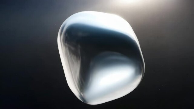 A floating abstract figure, reminiscent of an egg-shaped soap bubble with its smooth surface and reflection of light, against a background of pitch darkness. Liquid metal, mercury in zero gravity.