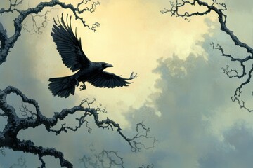 Naklejka premium Black crow glides through cloudy sky and lands on bare branch in twilight, black crow flies across the sky and flies into branches