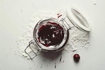 Top view of cherry jam jar on flour-dusted surface with single cherry nearby