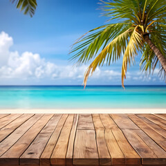 Empty wood table top on tropical beach setting with a blurred background.  