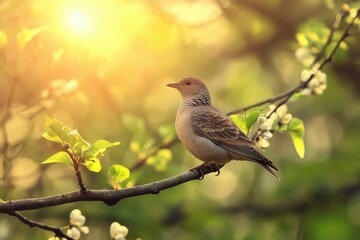 Fototapeta premium Forest dove sings a cheerful song during a vibrant spring morning, forest dove sings a song on a spring morning