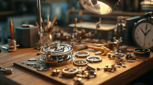 Watchmakers intricate workbench gears and tools