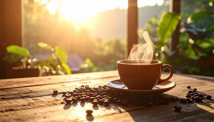 Steaming Cup on Rustic Wooden Table with Beans