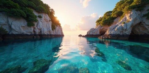 Obraz premium Hidden cove, crystal clear water reflects vibrant sky , blue, clear water