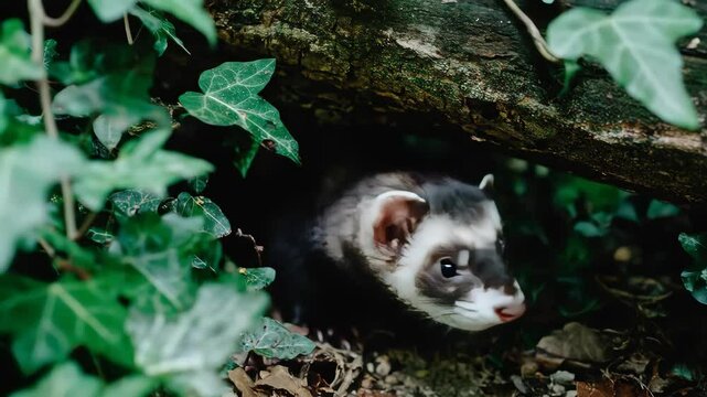 Ferret peers out curiously amid green foliage Its dark eyes and patterned face show playful alertness