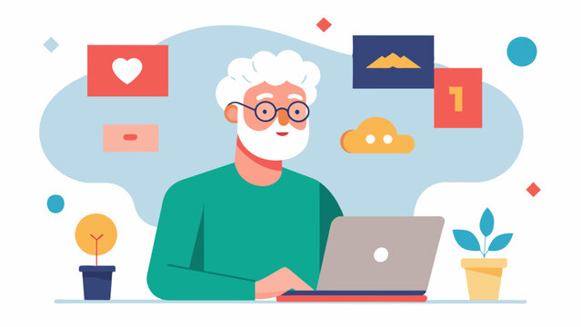 An elderly man with mobility issues is able to take virtual art classes online connecting with other art enthusiasts and stimulating his brain through creative activities.. Vector illustration