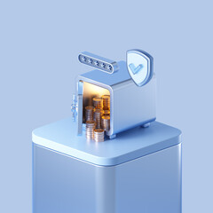 Safe with cash money, password and safety shield on the podium. Fintech 3d design.