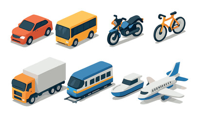 Transportation 3d icons set – vehicles, travel and transport symbols