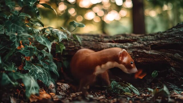 A tiny squirrel hides nestled between green foliage and weathered bark in a serene woodland setting