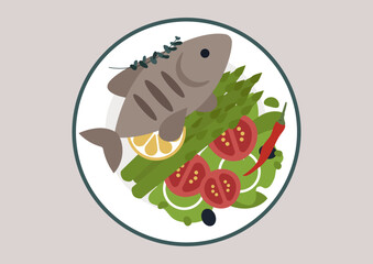 Delicious dorado grill plate served with fresh vegetables, asparagus, and citrus garnishes