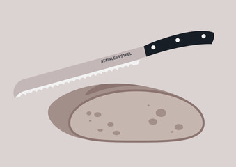 a grey hipster-style sourdough bread beside a stainless steel knife, showcasing a minimalist design that highlights modern bakery aesthetics and culinary trends