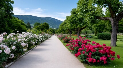 Obraz premium Pathway lined with blooming roses in a peaceful park