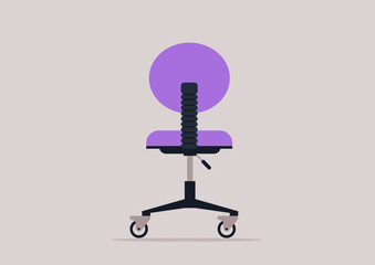 A modern office chair stands prominently, featuring a unique purple backrest and a sleek black base