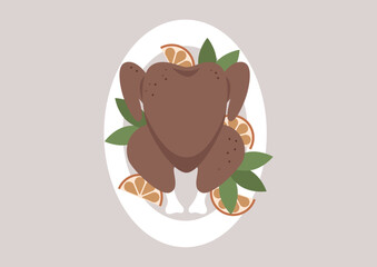A beautifully presented roasted turkey sits atop a decorative platter, surrounded by vibrant citrus slices and fresh greens, perfect for a festive gathering or special occasion