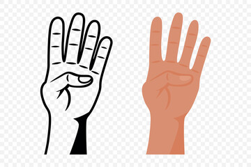 Four Fingers Up Hand Gesture Icon. Vector Hand Gesture Showing Number Four in Flat and Outline Styles. Isolated Hand Gesture Symbol for Counting, Communication, Education