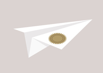 A paper plane crafted from diploma paper glides gracefully, symbolizing triumph and growth in an imaginative setting filled with excitement and possibilities for future adventures.
