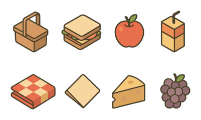 Picnic essentials icons set – outline, food and summer relaxation symbols