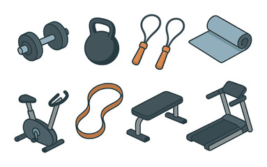 Obraz premium Fitness equipment icons set – flat workout, exercise, and gym symbols