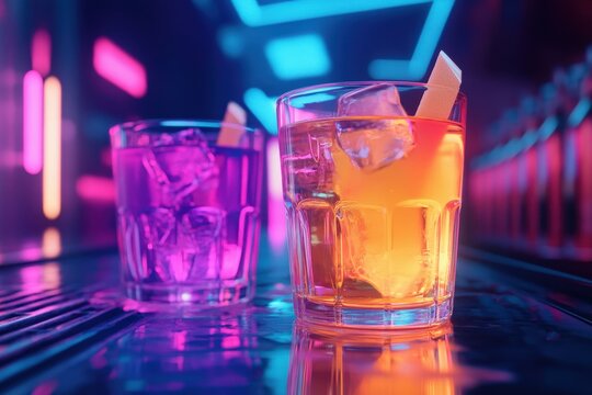 Colorful cocktails illuminated by neon lights in a dark venue during a lively nightlife atmosphere, colored drinks in glasses, neon lights on a dark night background