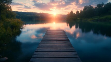 Fototapeta premium Wooden pier on the lake at sunset. Beautiful summer landscape.