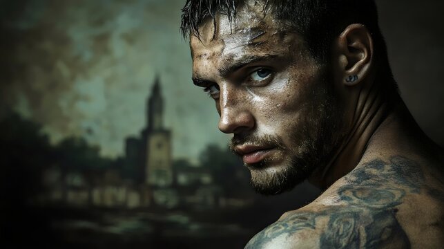 A strong and handsome man with tattoos looks intensely at the viewer.