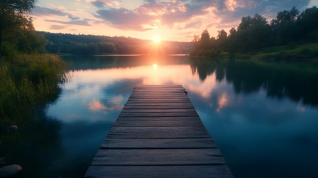 Wooden pier on the lake at sunset. Beautiful summer landscape.