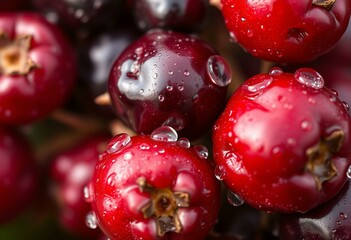 Close-up shot of glossy berries with morning dew, emphasizing texture and fine details.